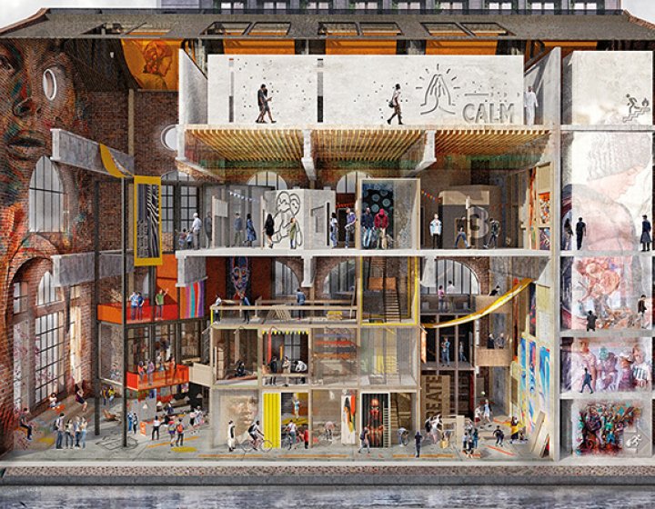 Interior Architecture design - an open side view of a multi-storey building showing all interior elements